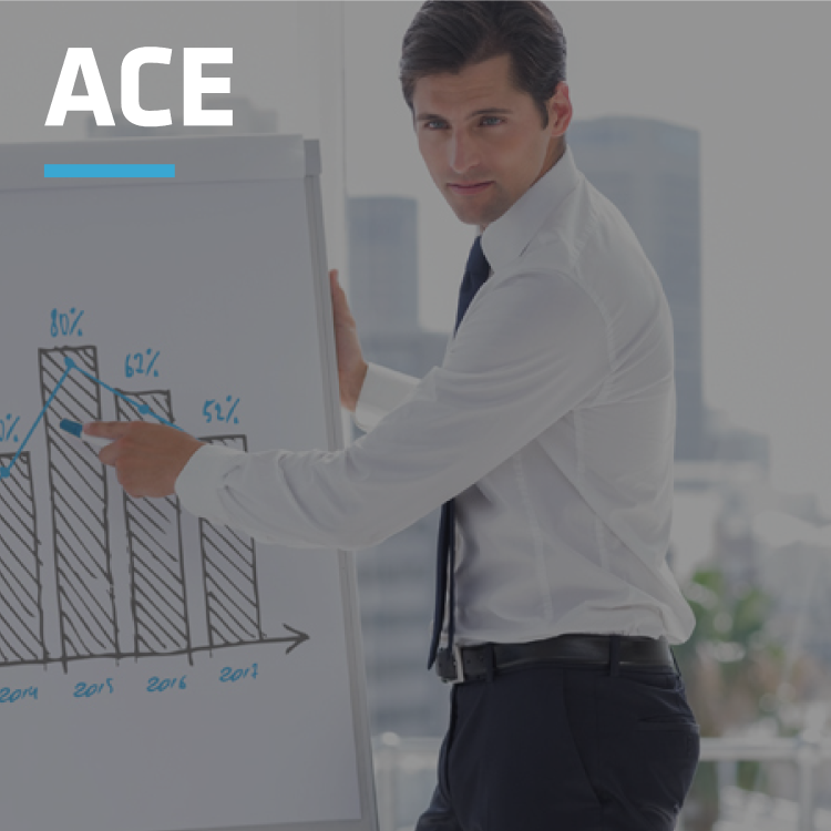 A professional man in a white shirt and dark tie stands in front of a flipchart, pointing at a hand-drawn bar chart with percentage values. The word "ACE" is displayed in bold white letters at the top left. The background shows a modern office with large windows and a cityscape view.